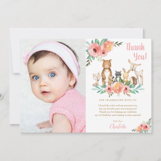フローラカワイトウッドランド動物少女誕生日写真 サンキューカード (正面)