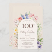 フローラガーデンお洒落アーチベージュ100誕生日 招待状 (正面/裏面)