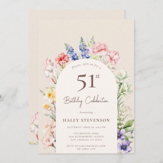 フローラガーデンお洒落アーチベージュ51誕生日 招待状 (正面/裏面)