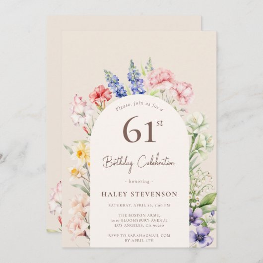 フローラガーデンお洒落アーチベージュ61誕生日 招待状 (正面/裏面)