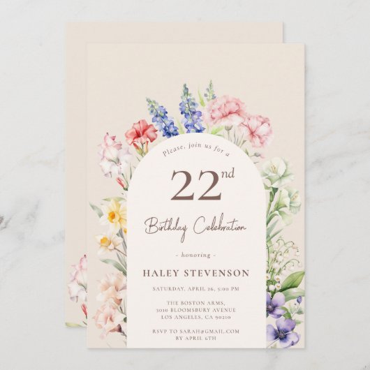フローラガーデンアーお洒落チベージュ22誕生日 招待状 (正面/裏面)