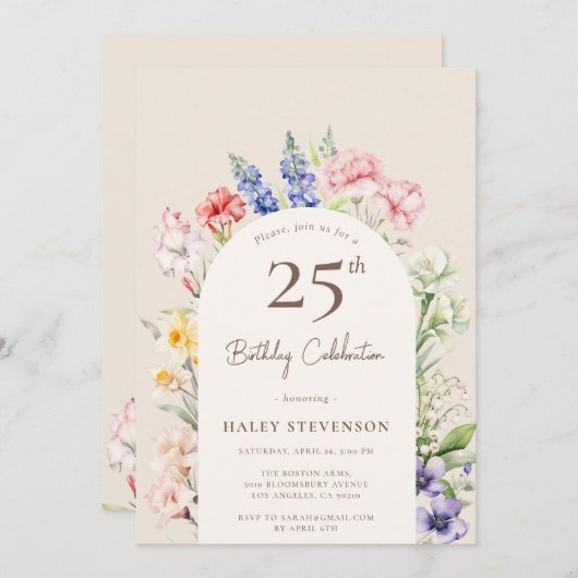 フローラガーデンアーお洒落チベージュ25誕生日 招待状 (正面/裏面)