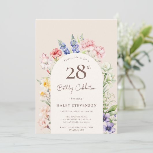 フローラガーデンアーお洒落チベージュ28誕生日 招待状 (スタンド正面)