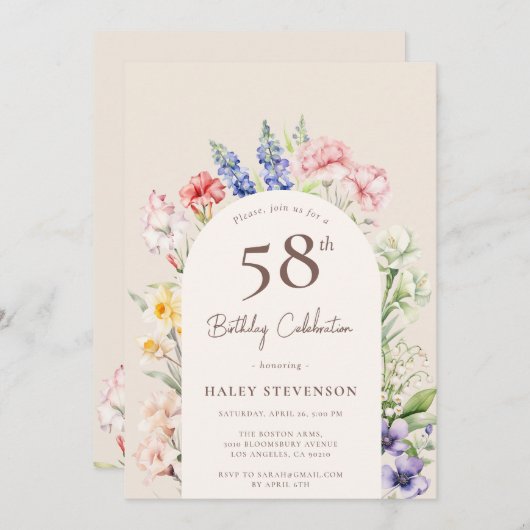 フローラガーデンアーお洒落チベージュ58誕生日 招待状 (正面/裏面)