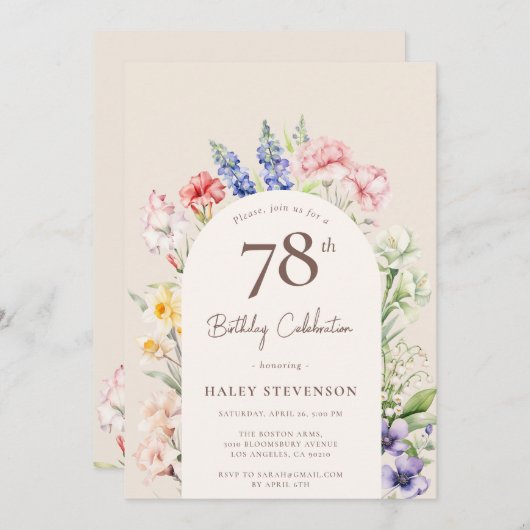 フローラガーデンアーお洒落チベージュ78誕生日 招待状 (正面/裏面)