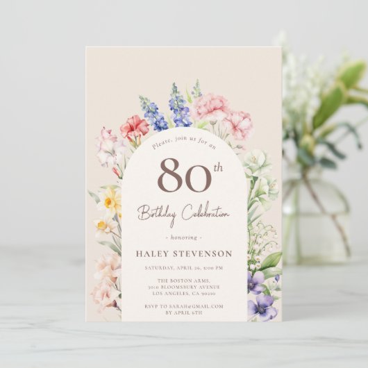 フローラガーデンアーお洒落チベージュ80誕生日 招待状 (スタンド正面)