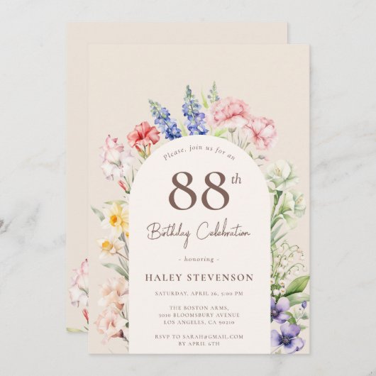 フローラガーデンアーお洒落チベージュ88誕生日 招待状 (正面/裏面)