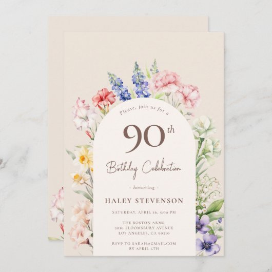 フローラガーデンアーお洒落チベージュ90誕生日 招待状 (正面/裏面)