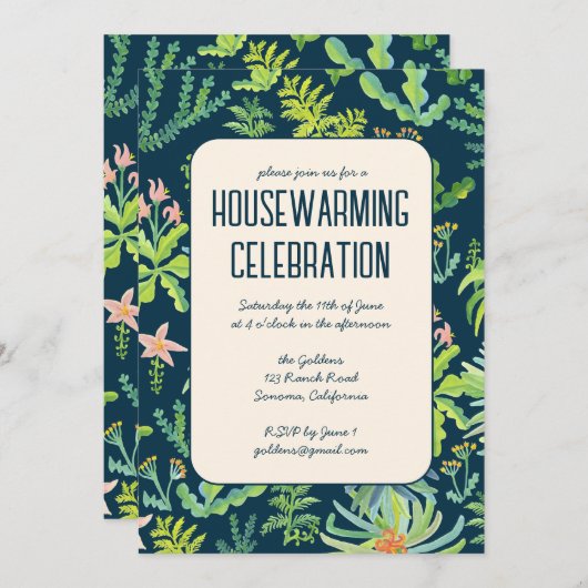 フローラガーデンウォーターカスタムカラー引っ越し祝いパーティーパーティー 招待状 (正面/裏面)