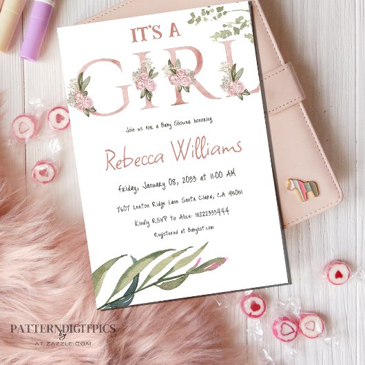 フローラガーデンエレガント赤面ピンクガールベビーシャワー 招待状