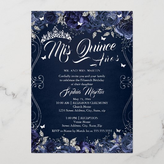 フローラガーデンネイビーシルバーミスカンスキンセアニェラ 箔招待状 (正面)