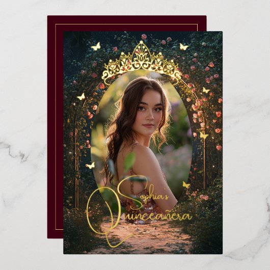 フローラガーデンバタフライフォトブルゴーニュキンセアニェラ 箔招待状 (正面/裏面)