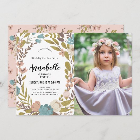 フローラガーデンパーティーホワイトフォト誕生日招待 招待状 (正面/裏面)