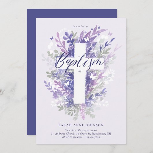 フローラガーデンパープルリーフクロスベビーバプテスマ 招待状 (正面/裏面)