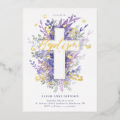 フローラガーデンパープルリーフクロスベビーバプテスマ 箔招待状 (正面)