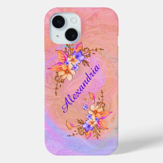 フローラガーデンピンクの花水色パーソナライズ Case-Mate iPhoneケース (裏面)