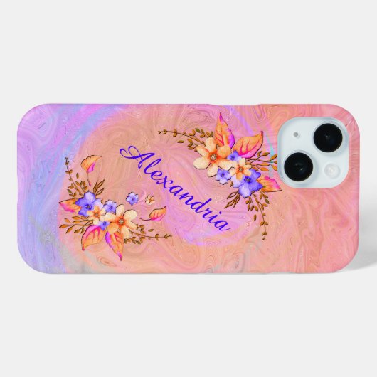 フローラガーデンピンクの花水色パーソナライズ Case-Mate iPhoneケース (裏面 (横))