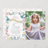 フローラガーデンピンクバニーガールフォト誕生日 招待状 (正面/裏面)