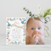 フローラガーデンピンクバニーガール写真1st誕生日 招待状 (スタンド正面)