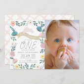 フローラガーデンピンクバニーガール写真1st誕生日 招待状 (正面/裏面)