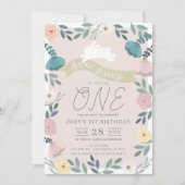 フローラガーデンピンクホワイトバニーガール1st誕生日 招待状 (正面)