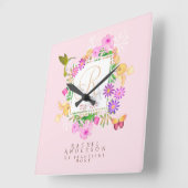 フローラガーデンピンクモノグラム スクエア壁時計 (傾斜)