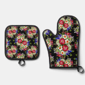 フローラガーデンフラワーナリカス群葉レッドブルー 鍋つかみ&鍋敷きセット (正面)