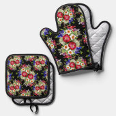 フローラガーデンフラワーナリカス群葉レッドブルー 鍋つかみ&鍋敷きセット (正面/裏面)