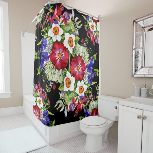 フローラガーデンフラワーナリカス葉白い赤 シャワーカーテン (インサイチュ)