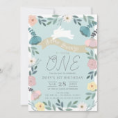 フローラガーデンブルーホワイトバニーガール1st誕生日 招待状 (正面)