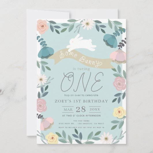フローラガーデンブルーホワイトバニーガール1st誕生日 招待状 (正面)