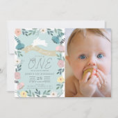 フローラガーデンブルーホワイトバニー写真1st誕生日 招待状 (正面)