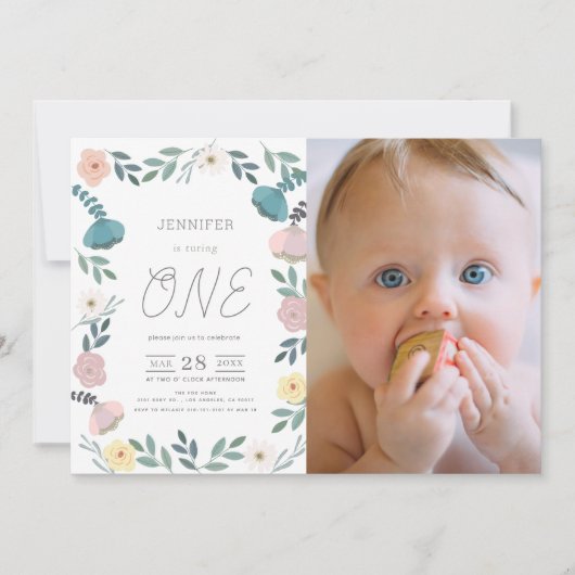 フローラガーデンホワイトGIrl写真1st誕生日 招待状 (正面)