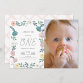 フローラガーデンホワイトGIrl写真1st誕生日 招待状 (正面/裏面)