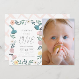 フローラガーデンホワイトGIrl写真1st誕生日 招待状