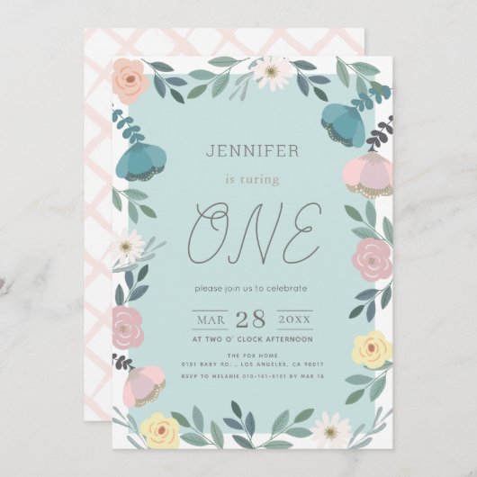 フローラガーデンライトブルーGIrl 1st誕生日 招待状 (正面/裏面)