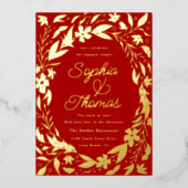 フローラガーデン婚約したカップル赤と金ゴールド 箔招待状 (正面)