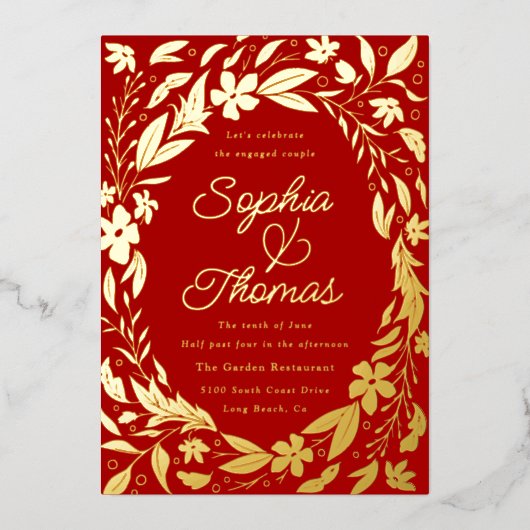 フローラガーデン婚約したカップル赤と金ゴールド 箔招待状 (正面)
