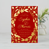 フローラガーデン婚約したカップル赤と金ゴールド 箔招待状 (立ち正面)