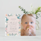 フローラガーデン赤面ピンクGIrl写真1st誕生日 招待状 (スタンド正面)