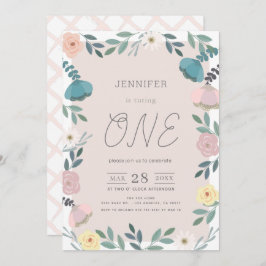 フローラガーデン赤面ピンクGIrl 1st誕生日 招待状