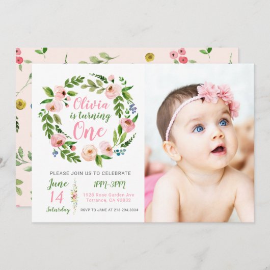 フローラガーデン1歳の誕生日招待状ガールフォト 招待状 (正面/裏面)