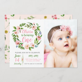 フローラガーデン1歳の誕生日招待状ガールフォト 招待状
