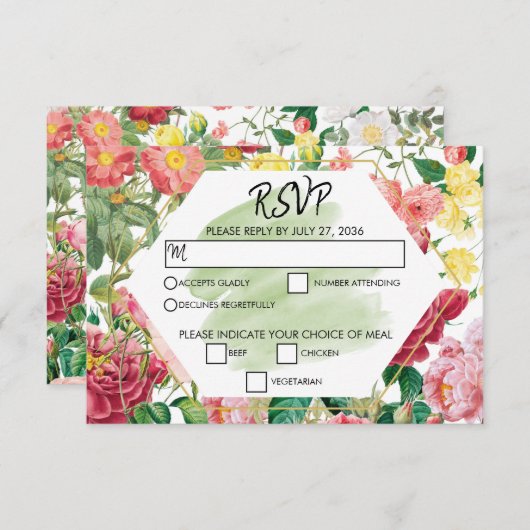 フローラガーデン、水彩画&幾何学的ウェディングRSVP 出欠カード (正面/裏面)