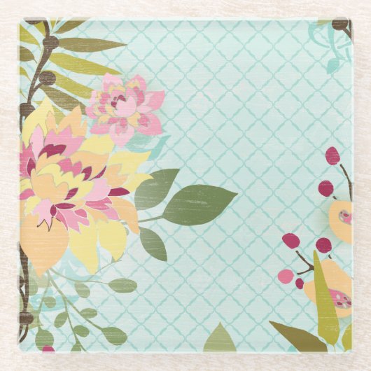 フローラガーデン、青い背景 ガラスコースター (正面)