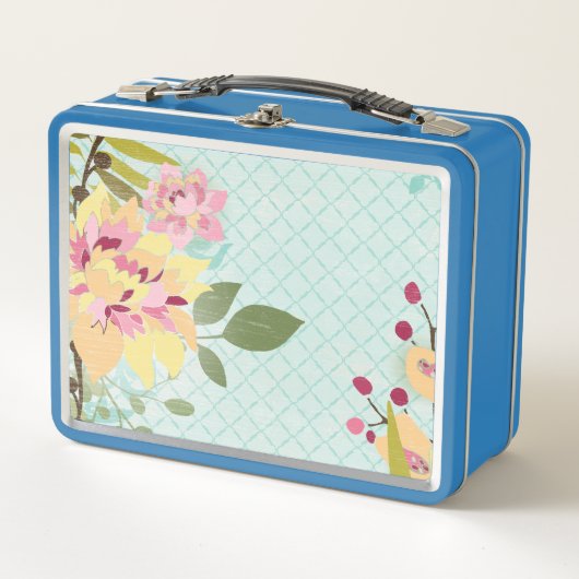フローラガーデン、青い背景 メタルランチボックス (正面)