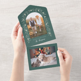 フローラガーランドアーチ写真グリーンクリスマスカード オールインワン招待状