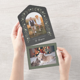 フローラガーランドアーチ写真ブラッククリスマスカード オールインワン招待状