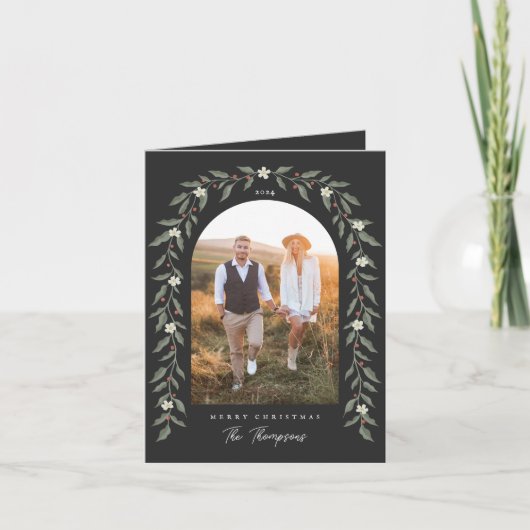 フローラガーランドアーチ写真ブラッククリスマスカード シーズンカード (正面)
