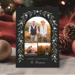 フローラガーランドアーチ3フォトブラッククリスマスカード シーズンカード